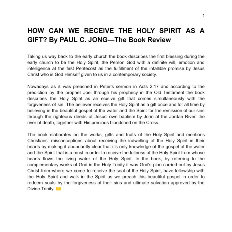 HOW CAN WE RECEIVE THE HOLY SPIRIT AS A GIFT? By PAUL C. JONG—The Book Review