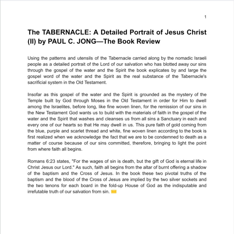 The TABERNACLE: A Detailed Portrait of Jesus Christ (II) by PAUL C. JONG—The Book Review